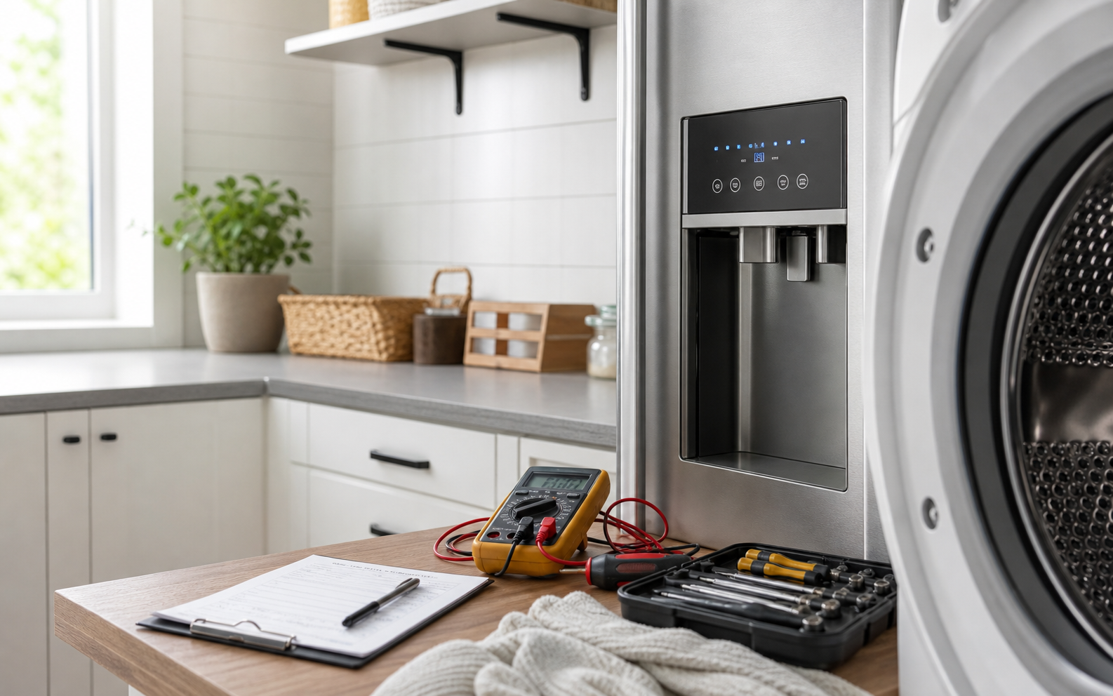 Appliance controls, a washer drum, a service note, and repair tools on a home utility surface.